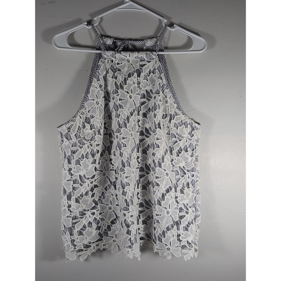 Adiva Women's Size Medium Halter Top Blue/White Striped Lace Overlay Casual Tank - Picture 1 of 8